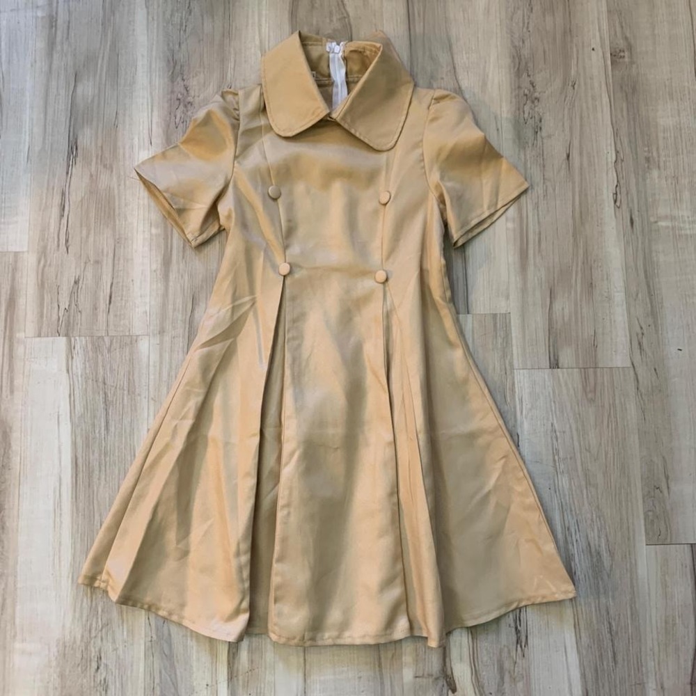 Vintage 1970s tan khaki school dress with collar & button detail sz 10